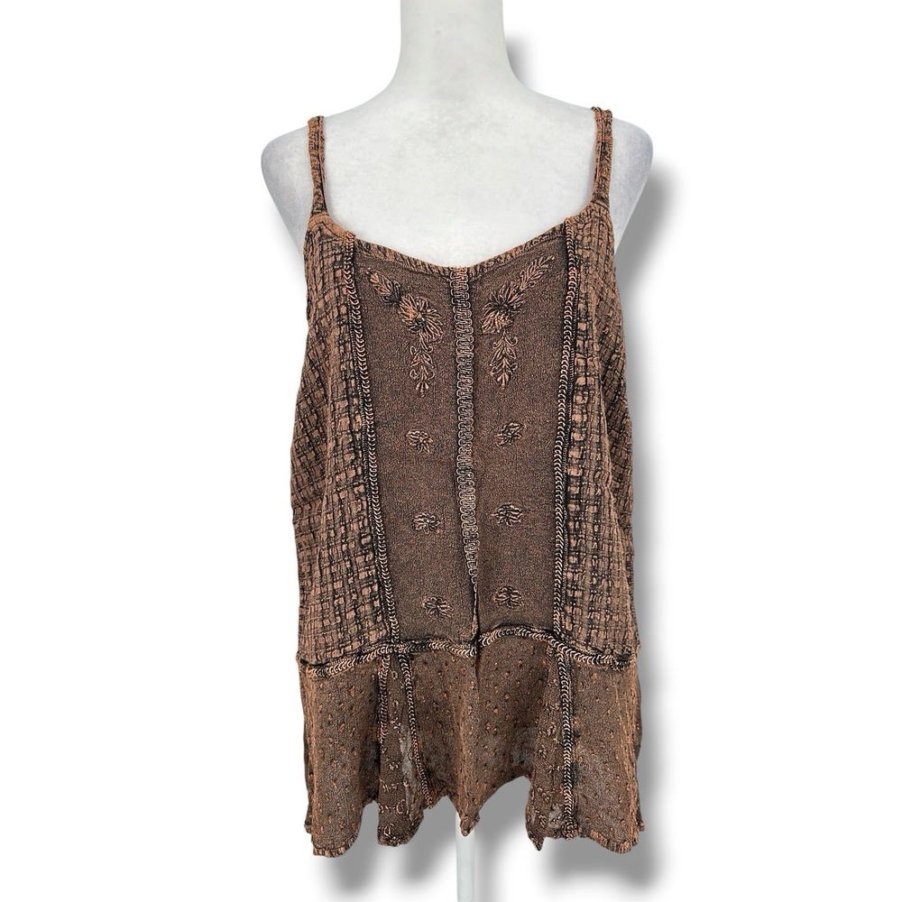 VTG Y2K L.S.I. Rayon Beaded Brown Tank Top XL Boho Fairy Grunge Whimsygoth Art